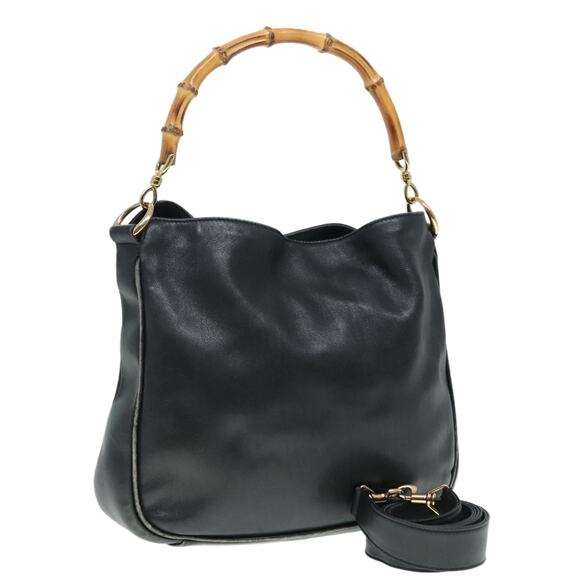GUCCI Bamboo Hand Bag Leather Black Gold 001 1638 001 1638 - Picture 1 of 16